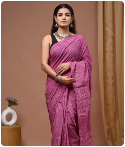 Bagru hand block printed cotton saree with traditional motifs