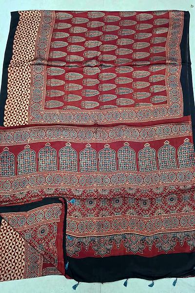Red Black Ajrak Print Modal Silk Saree with Blouse