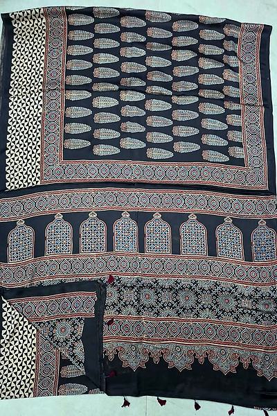 Black Cream Ajrak Print Modal Silk Saree with Blouse