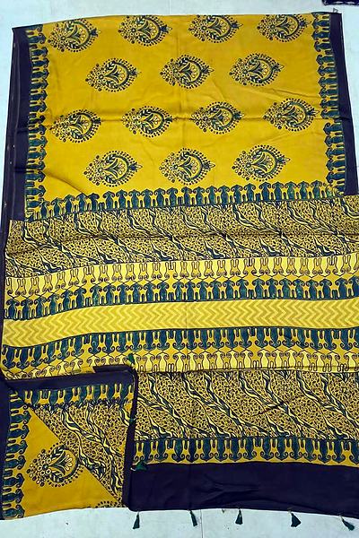 Mustard Yellow Green Ajrak Print Modal Silk Saree with Blouse