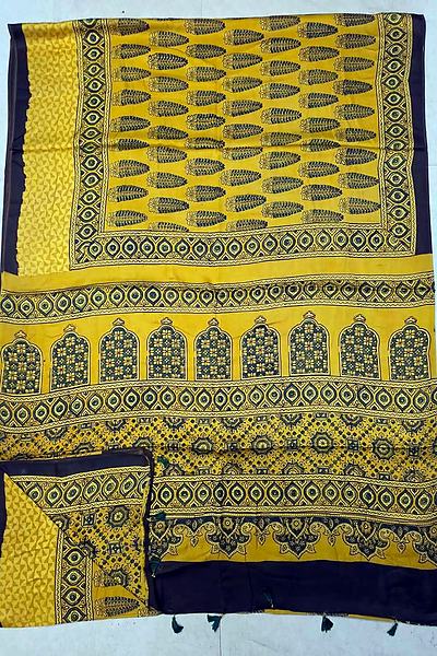 Yellow Black Ajrak Print Modal Silk Saree with Blouse