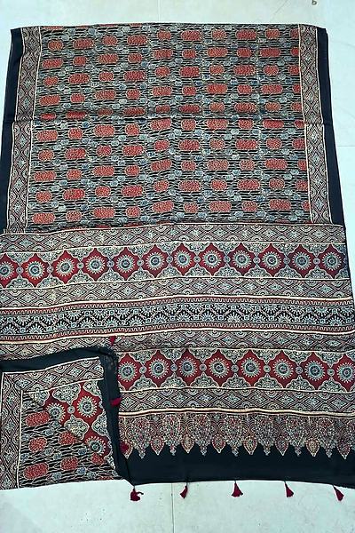 Maroon Indigo Grid Ajrak Print Modal Silk Saree with Blouse