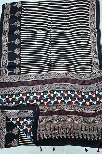 Black Cream Stripe Triangle Ajrak Print Modal Silk Saree with Blouse