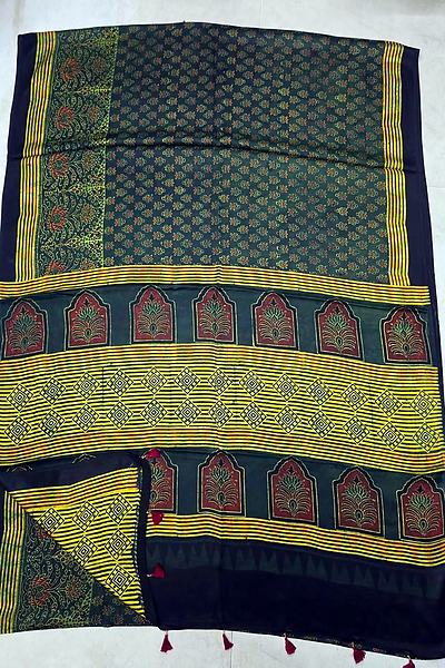 Green Yellow Ajrak Print Modal Silk Saree with Blouse