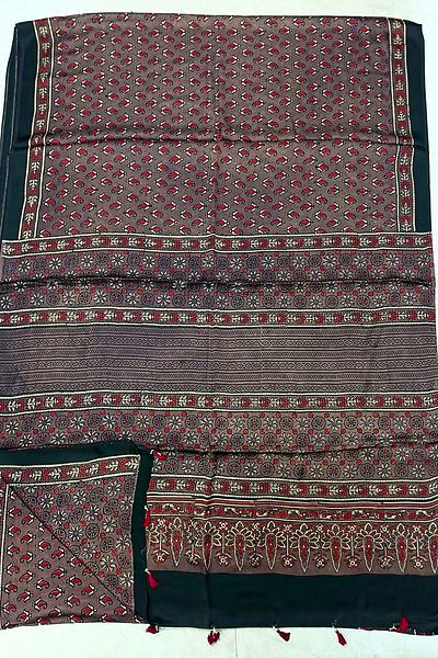 Wine Maroon Ajrak Print Modal Silk Saree with Blouse