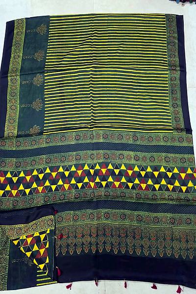 Olive Yellow Stripe Ajrak Print Modal Silk Saree with Blouse