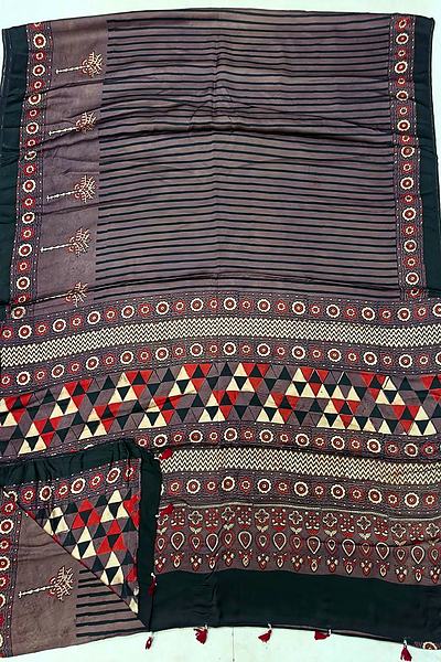 Brown Mauve Stripe Ajrak Print Modal Silk Saree with Blouse