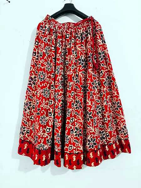 Bright Red Floral Block Print Long Cotton Skirt - Red, Black, White