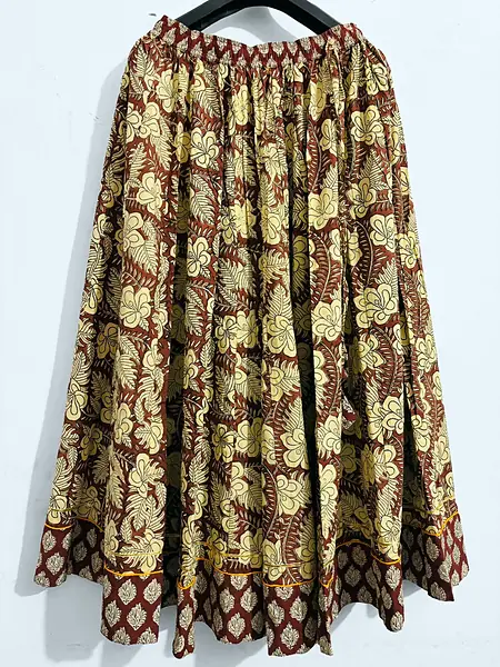 Brown Beige Floral Block Print Long Cotton Skirt - Brown, Beige