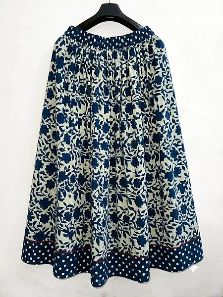 Indigo Blue Floral Block Print Long Cotton Skirt - Indigo Blue, White