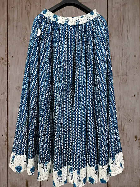 Indigo Wave Stripe Block Print Long Cotton Skirt - Indigo Blue, White