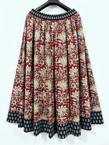 Maroon Red Floral Block Print Long Cotton Skirt - Maroon, Cream, Black