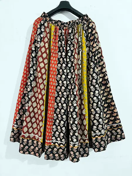 Multicolor Patchwork Panel Cotton Long Skirt - Black, Orange, Mustard