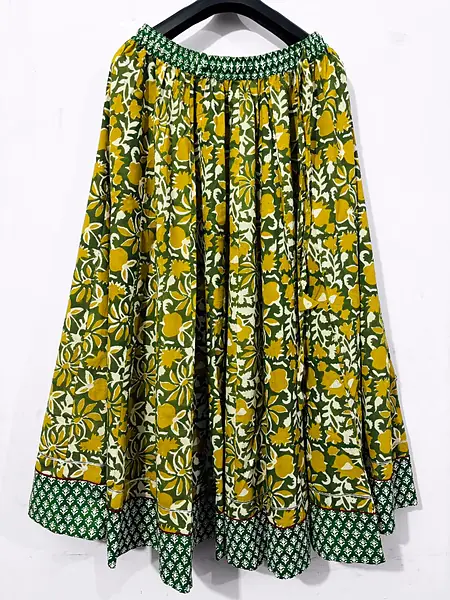 Mustard Green Floral Block Print Long Cotton Skirt - Mustard Yellow, Green