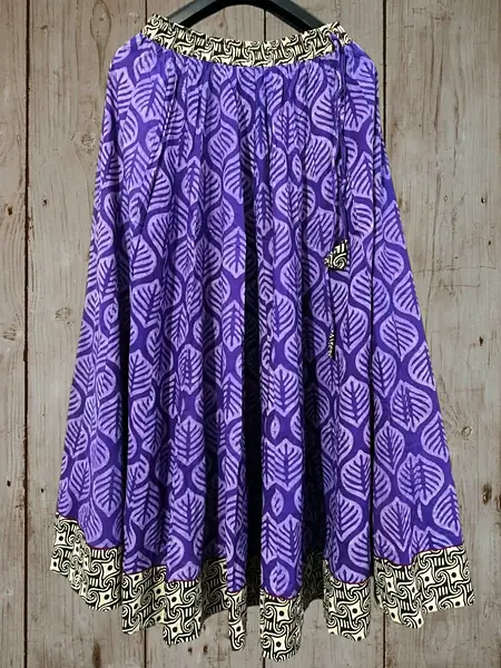 Purple Leaf Print Block Print Long Cotton Skirt - Purple, Black, White