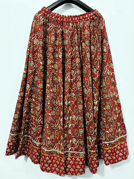 Rust Red Paisley Block Print Long Cotton Skirt - Rust Red, Beige