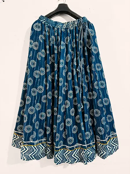 Teal Blue Floral Block Print Long Cotton Skirt - Teal Blue, White