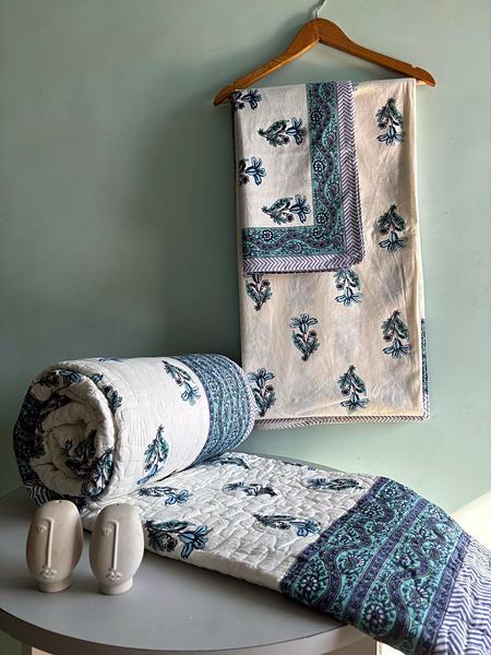 Blue Cream Floral Block Print Cotton Bedding Set - Blue, Cream