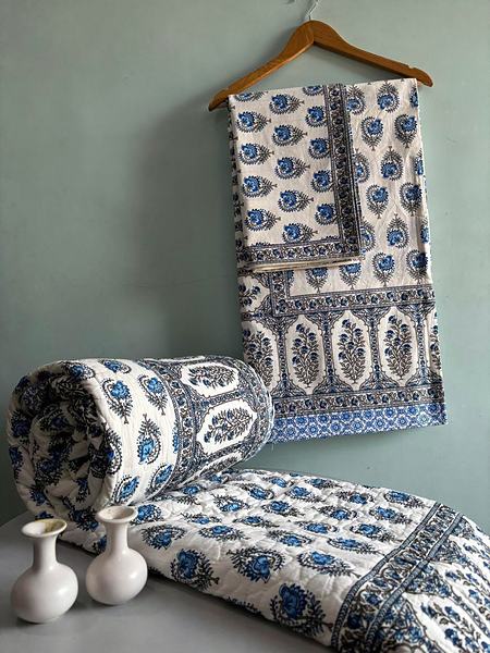 Blue White Buti Block Print Cotton Bedding Set - Blue, White
