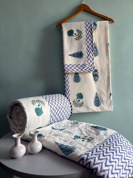 Blue White Chevron Leaf Block Print Cotton Bedding Set - Blue, White, Teal