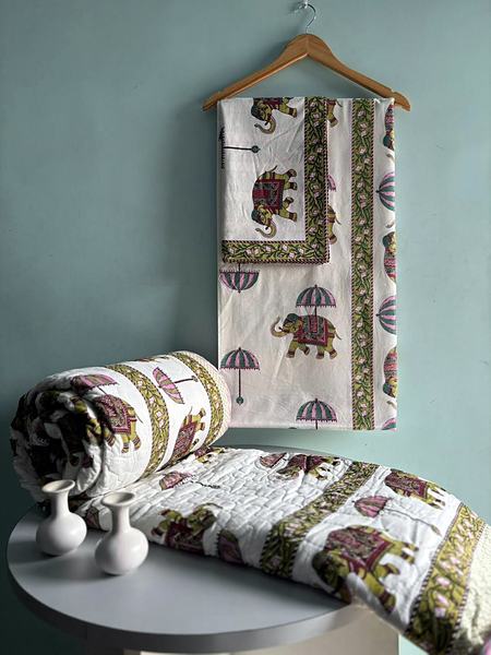 Elephant Motif Block Print Cotton Bedding Set - White, Green, Maroon