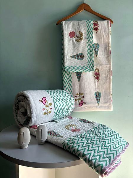 Green White Chevron Leaf Block Print Cotton Bedding Set - Green, White, Pink