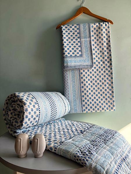 Light Blue White Dot Block Print Cotton Bedding Set - Light Blue, White