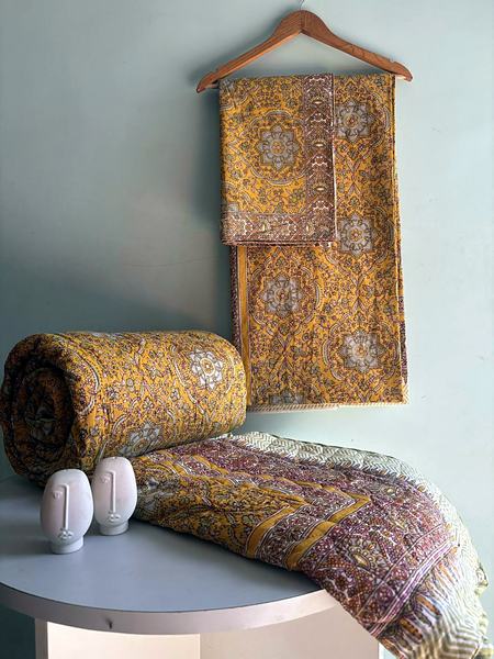 Mustard Yellow Floral Block Print Cotton Bedding Set - Mustard Yellow, Pink