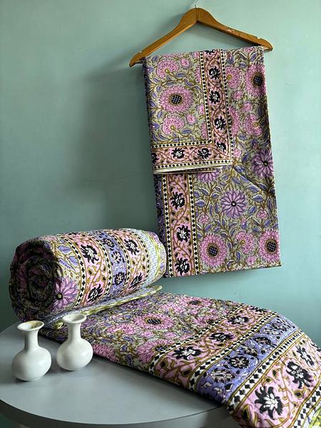 Pink Purple Floral Block Print Cotton Bedding Set - Pink, Purple, Green
