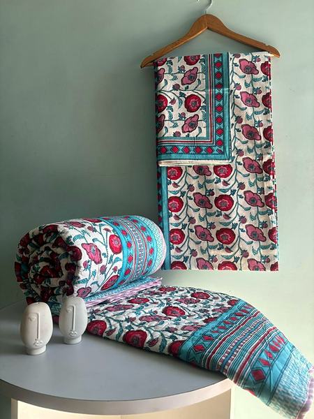 Pink Red Floral Teal Border Block Print Cotton Bedding Set - Pink, Red, Teal, White