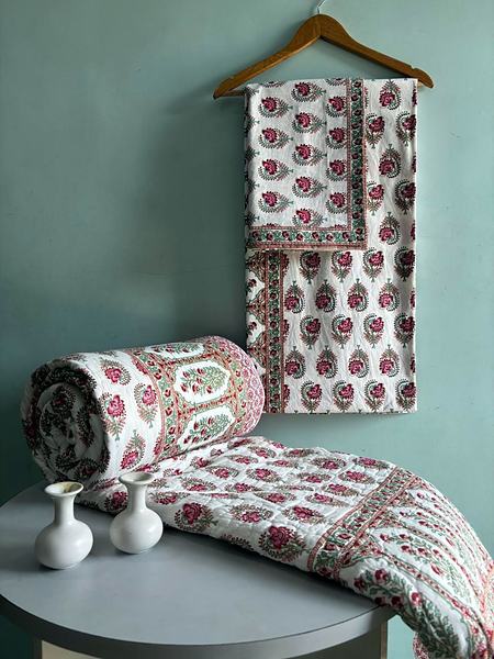 Red White Buti Block Print Cotton Bedding Set - Red, White, Green