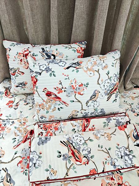 Bird Floral Print Cotton Bedsheet - White, Red, Blue
