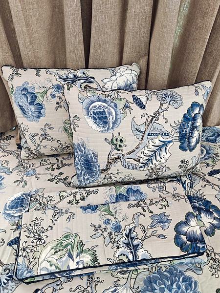 Blue Beige Floral Print Cotton Bedsheet - Blue, Beige