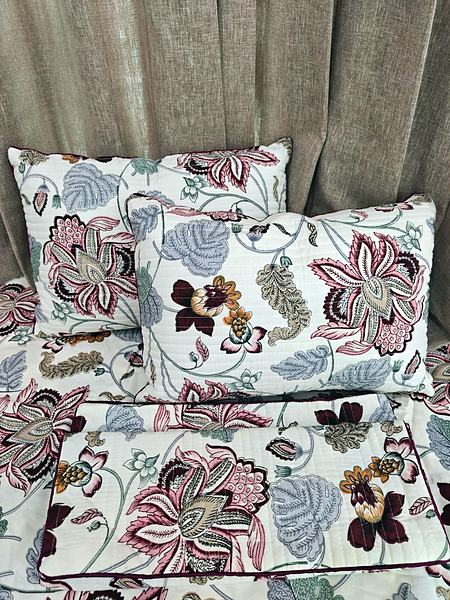 Maroon Grey Jacobean Floral Print Cotton Bedsheet - Maroon, Grey, Cream
