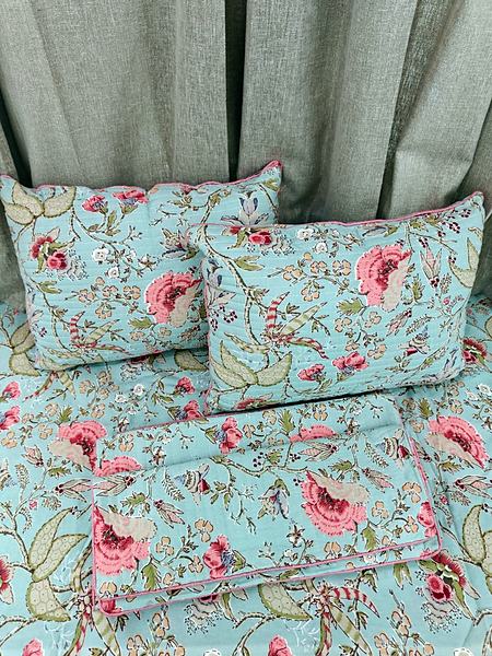 Mint Pink Floral Print Cotton Bedsheet - Mint Green, Pink