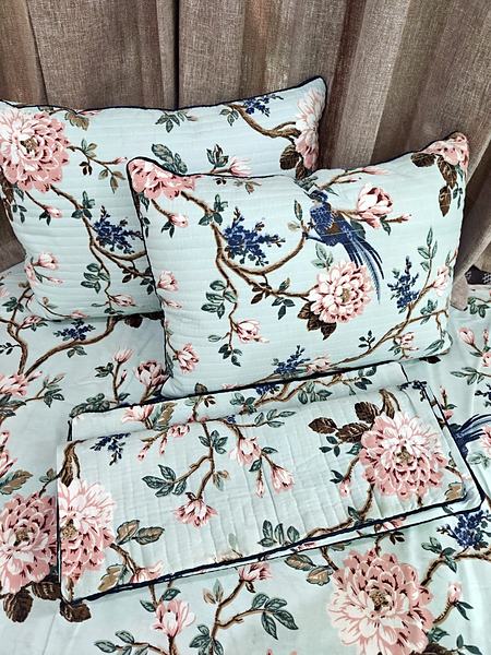 Sage Mint Bird Floral Print Cotton Bedsheet - Mint, Blue, Pink