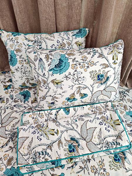 Teal Blue Jacobean Floral Print Cotton Bedsheet - Teal, Cream