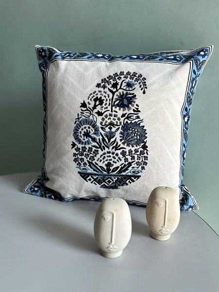 Blue Black Paisley Motif Block Print Cotton Cushion Cover - White, Blue, Black