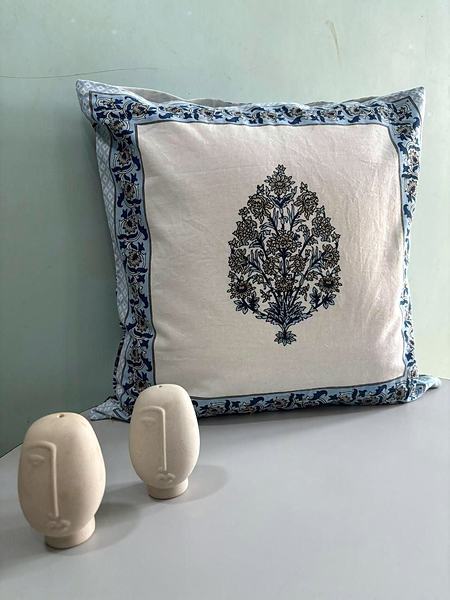 Blue White Tree Motif Block Print Cotton Cushion Cover - Blue, White