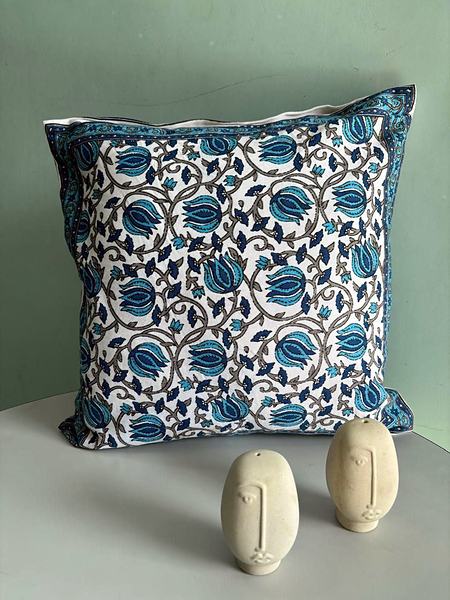 Blue White Vine Floral Block Print Cotton Cushion Cover - Blue, White