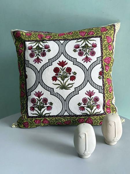 Green Pink Arch Floral Block Print Cotton Cushion Cover - Green, Pink, White