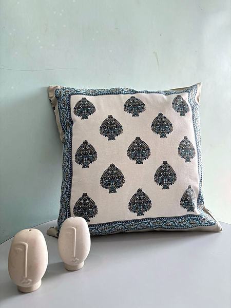 Grey Blue Buti Block Print Cotton Cushion Cover - Grey, Blue, White