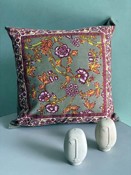 Grey Pink Orange Floral Block Print Cotton Cushion Cover - Grey, Pink, Orange