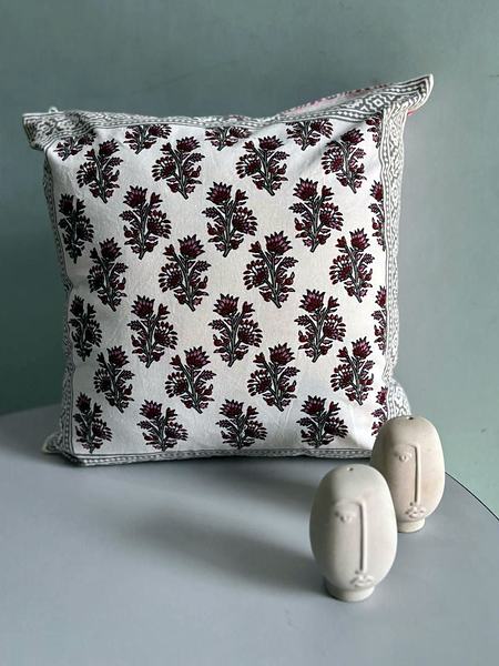 Maroon White Floral Block Print Cotton Cushion Cover - Maroon, White