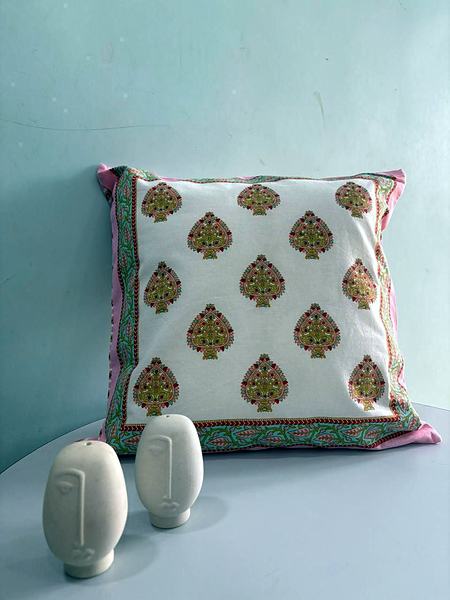 Mustard Orange Buti Block Print Cotton Cushion Cover - White, Mustard, Orange