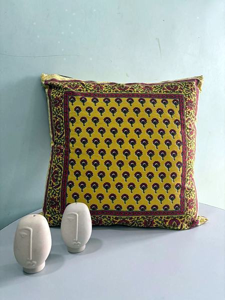 Mustard Yellow Buti Block Print Cotton Cushion Cover - Mustard Yellow, Maroon