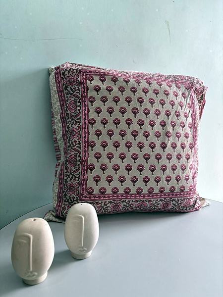 Pink Buti Block Print Cotton Cushion Cover - Pink, Cream