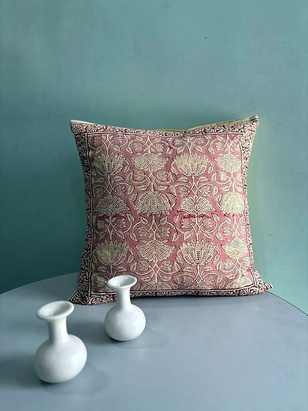 Pink Floral Block Print Cotton Cushion Cover - Pink, Beige