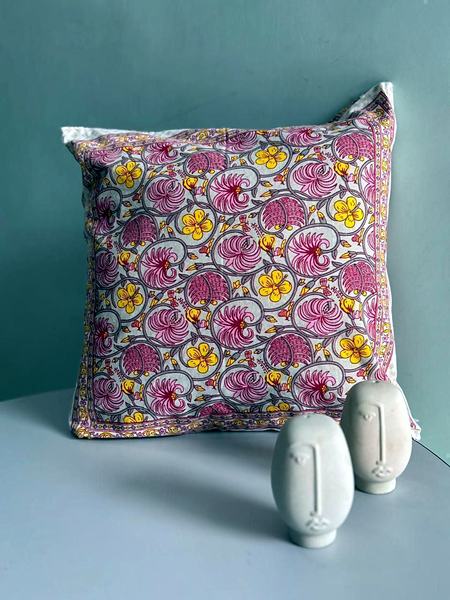 Pink Yellow Floral Block Print Cotton Cushion Cover - Pink, Yellow