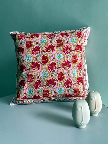Red Pink Coral Floral Block Print Cotton Cushion Cover - Red, Pink